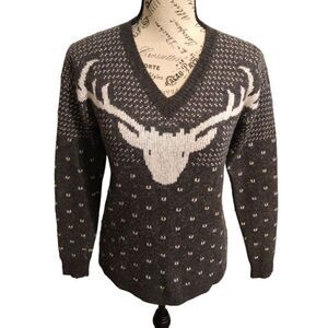 J Crew Merino wool Reindeer sweater Gray Sm Classic Cozy